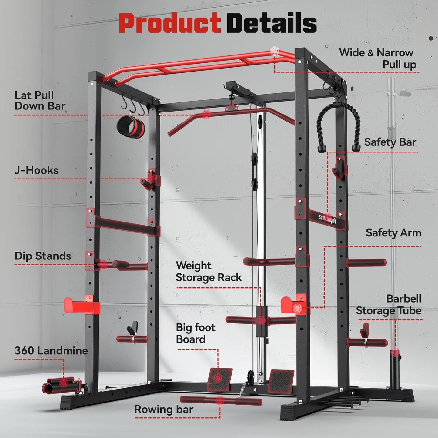 Power Cage,1200Lbs Multi-Function Power Rack with Adjustable Cable Crossover System Weight Cage for Home Gym,Red