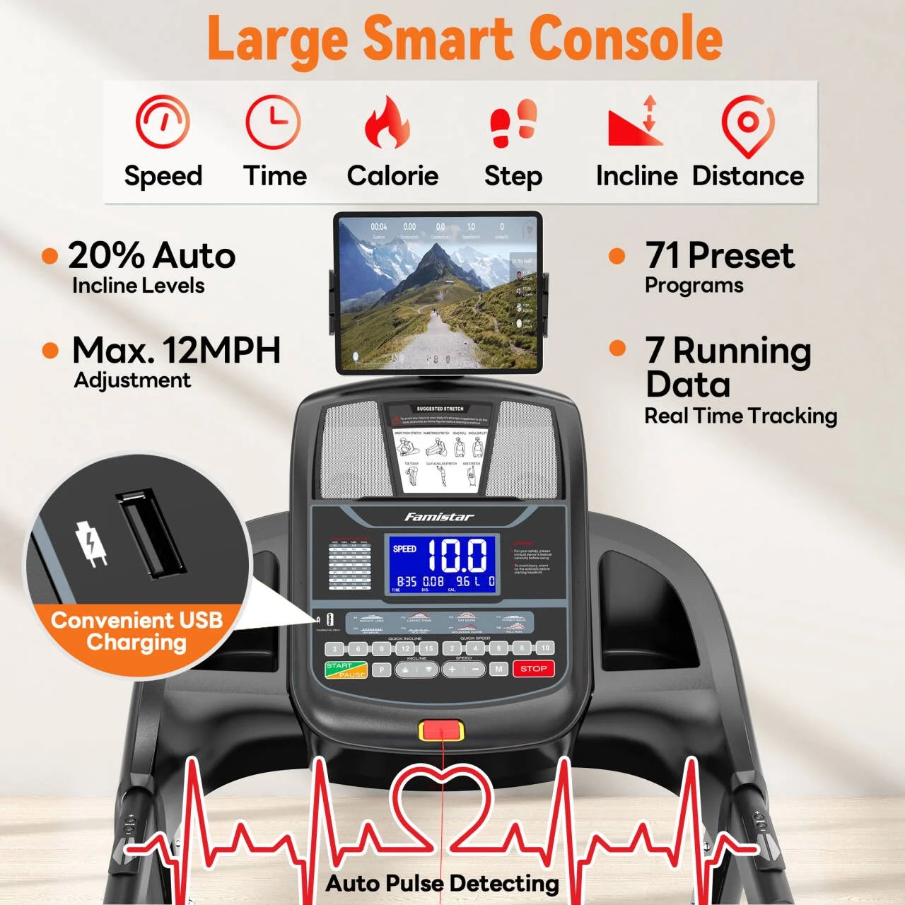 5.1HP Folding Treadmill for Home with 20% Auto Incline, 300-400 LB Capacity, Portable Foldable Treadmill, FREE APP Control, Adjustable Tablet Holder,12Mph Speed,71 Programs,Knee Straps Gift