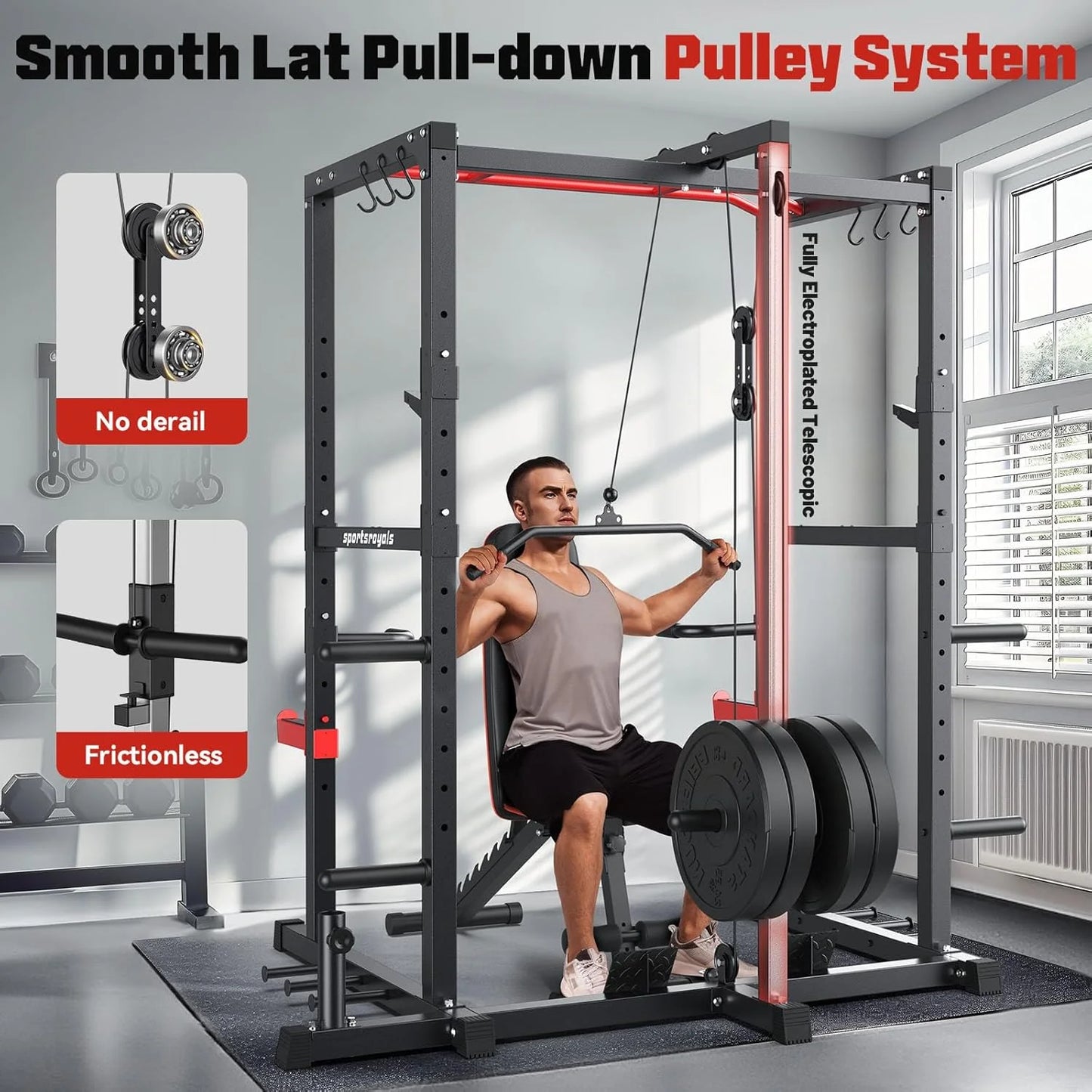 Power Cage,1200Lbs Multi-Function Power Rack with Adjustable Cable Crossover System Weight Cage for Home Gym,Red