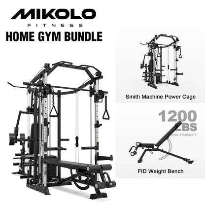 Smith Machine Power Cage, Multi-Function Home Gym System with Cable Crossover, 121LB Weight Stack