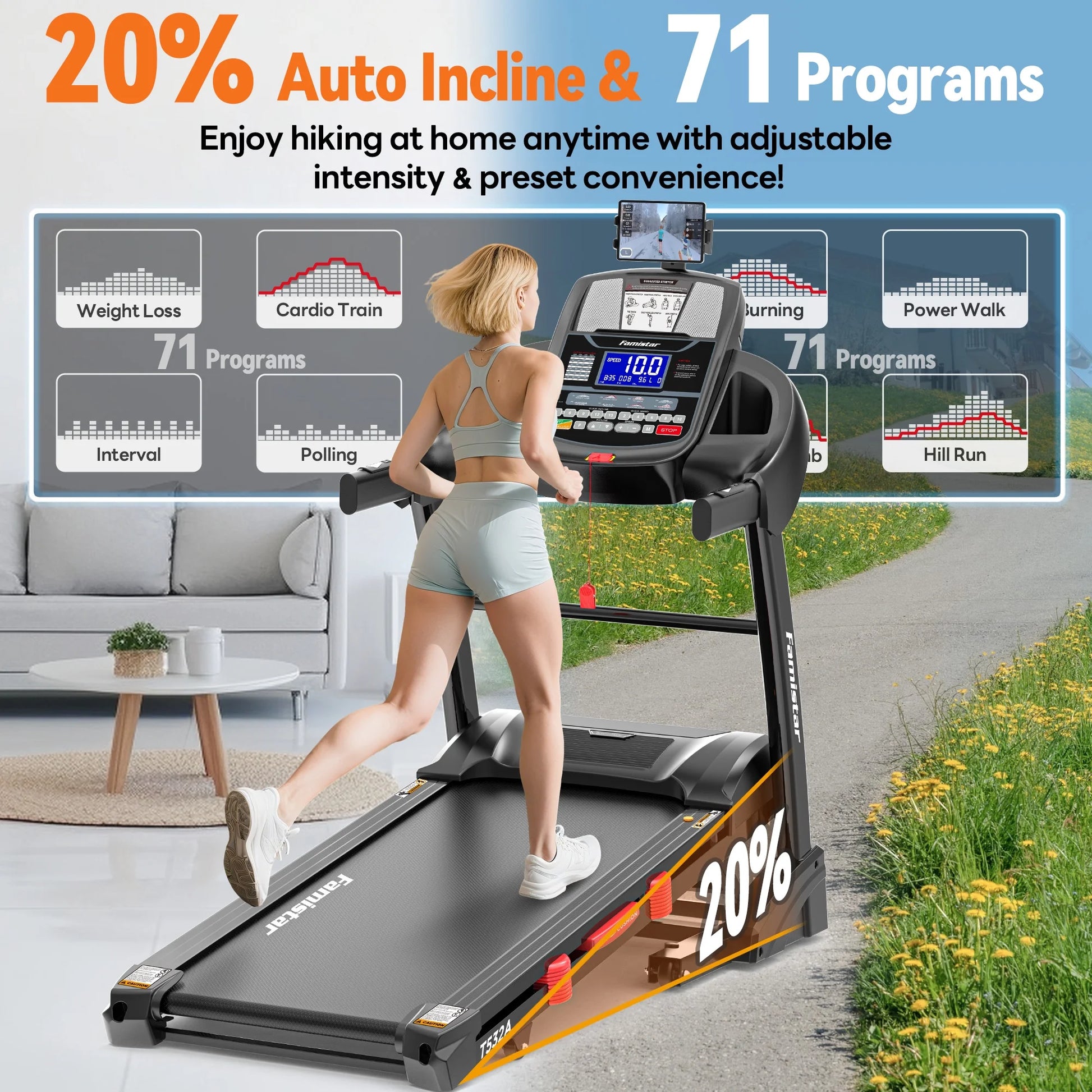 5.1HP Folding Treadmill for Home with 20% Auto Incline, 300-400 LB Capacity, Portable Foldable Treadmill, FREE APP Control, Adjustable Tablet Holder,12Mph Speed,71 Programs,Knee Straps Gift