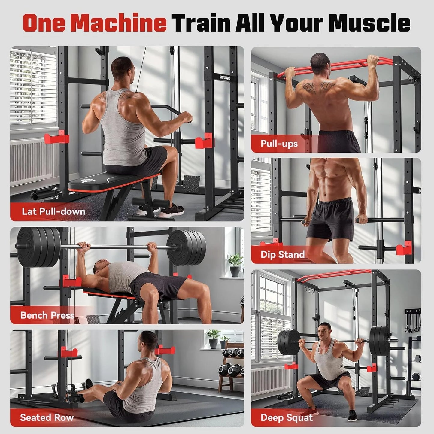 Power Cage,1200Lbs Multi-Function Power Rack with Adjustable Cable Crossover System Weight Cage for Home Gym,Red