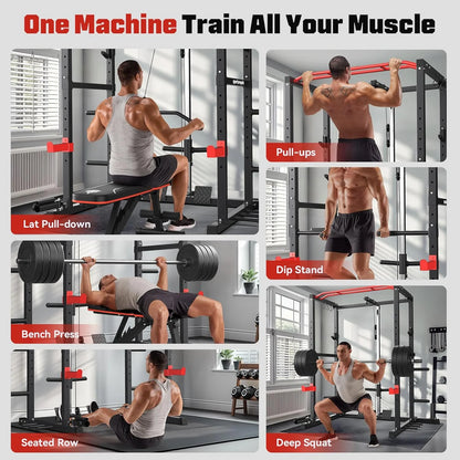 Power Cage,1200Lbs Multi-Function Power Rack with Adjustable Cable Crossover System Weight Cage for Home Gym,Red
