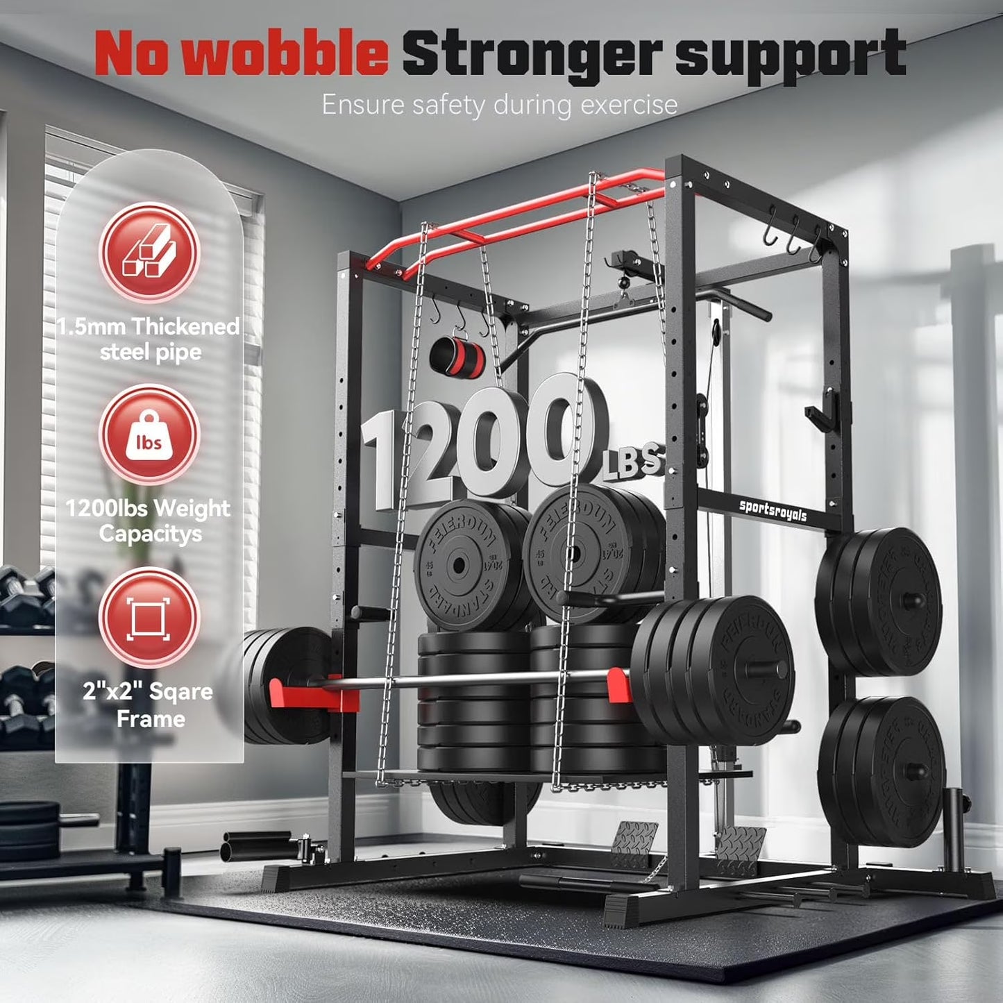 Power Cage,1200Lbs Multi-Function Power Rack with Adjustable Cable Crossover System Weight Cage for Home Gym,Red