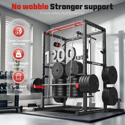 Power Cage,1200Lbs Multi-Function Power Rack with Adjustable Cable Crossover System Weight Cage for Home Gym,Red