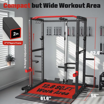 Power Cage,1200Lbs Multi-Function Power Rack with Adjustable Cable Crossover System Weight Cage for Home Gym,Red